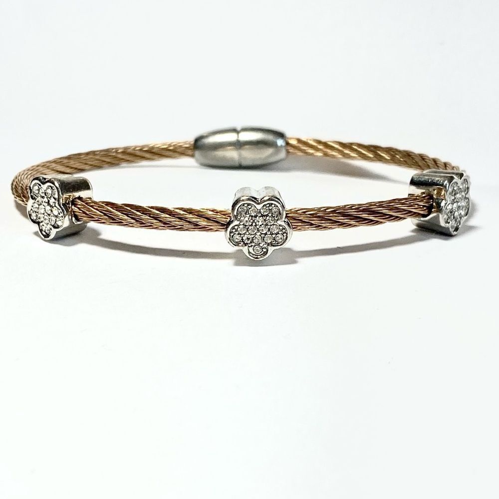 Rose gold coil cable cuff bracelet with silver frowers